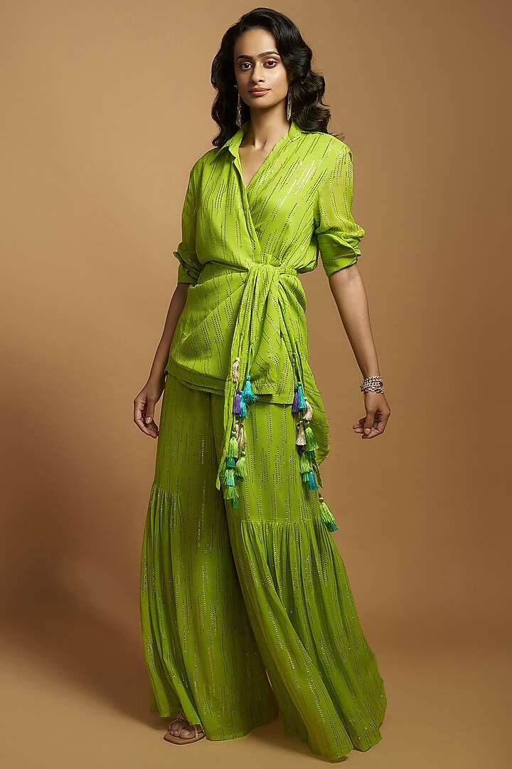 Lime Green Georgette Embroidered Gharara Set by Style Junkiie