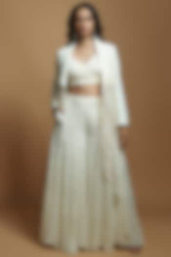 Ivory Crepe & Georgette Embroidered High-Low Flared Blazer Jacket by Style Junkiie at Pernia's Pop Up Shop