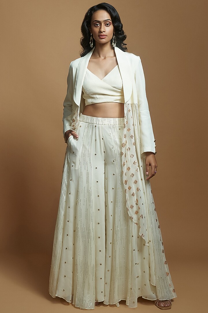 Ivory Crepe & Georgette Embroidered High-Low Flared Blazer Jacket by Style Junkiie at Pernia's Pop Up Shop