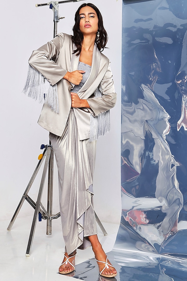 Silver Satin & Lycra Lame Blazer by Style Junkiie