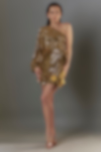 Gold Velvet Sequins Metallic Embellished One-Shoulder Mini Dress by Style Junkiie