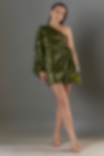 Green Velvet Sequins Metallic Embellished One-Shoulder Mini Dress by Style Junkiie