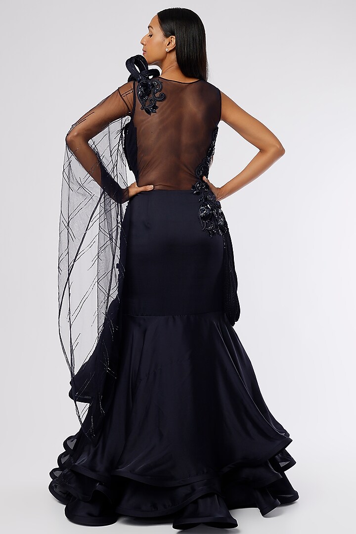 Midnight Navy Blue Embroidered Wedding Gown Saree by The Story of Kohl at Pernia's Pop Up Shop