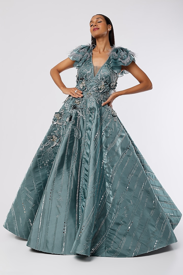 Sky Blue Hand Embroidered Ball Gown by The Story of Kohl