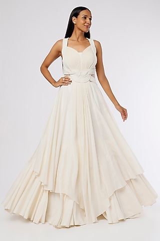 Pearl White Hand Embroidered Gown by The Story of Kohl