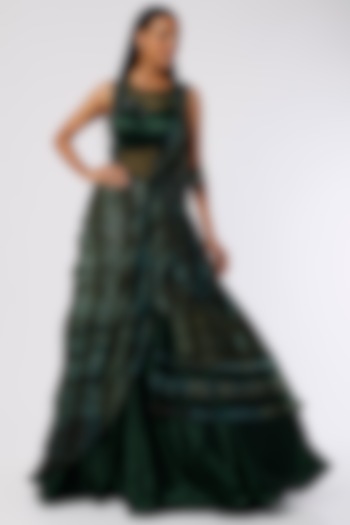 Emerald Green Embroidered Lehenga Saree by The Story of Kohl