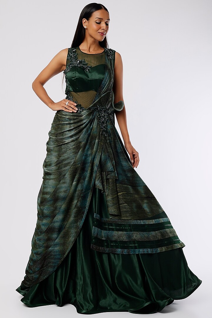 Emerald Green Embroidered Lehenga Saree by The Story of Kohl