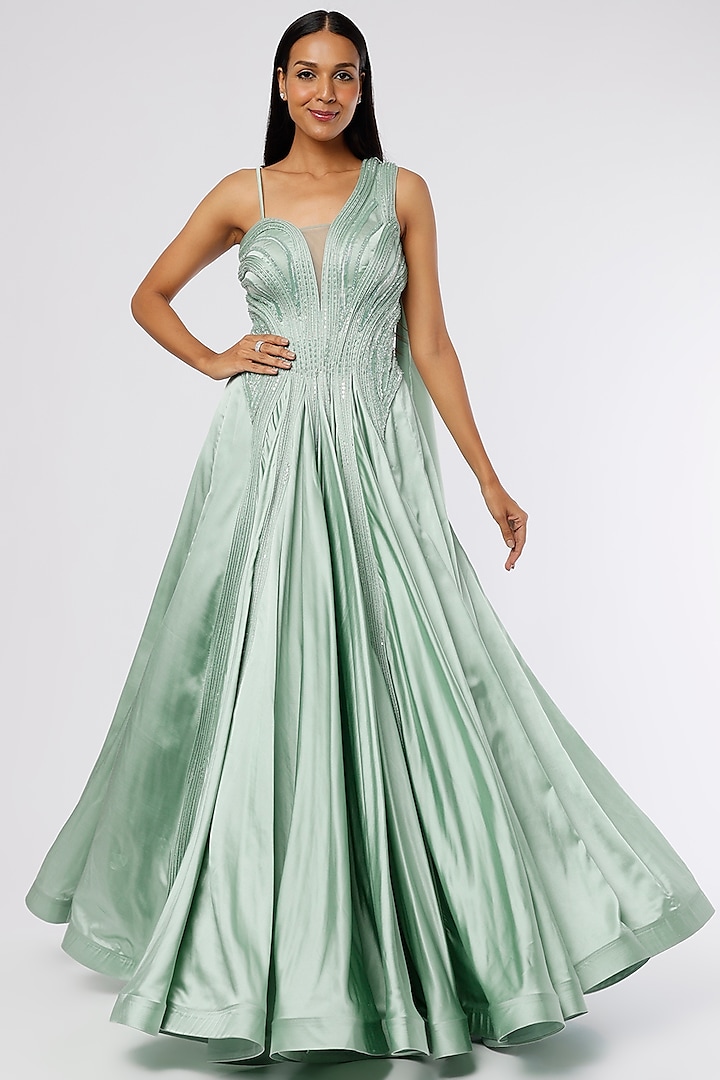 Sea Green Embroidered Flared Gown by The Story of Kohl