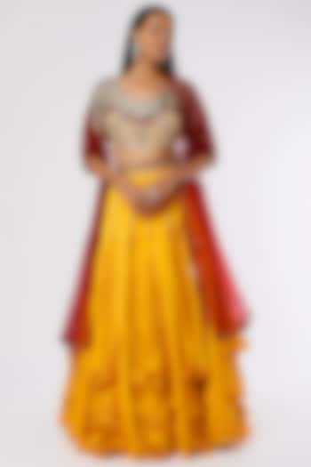 Mustard Yellow Chinon Lehenga Set by The Story of Kohl