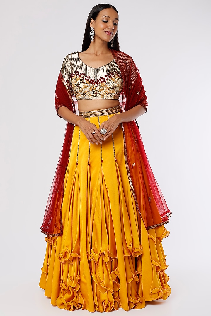 Mustard Yellow Chinon Lehenga Set by The Story of Kohl