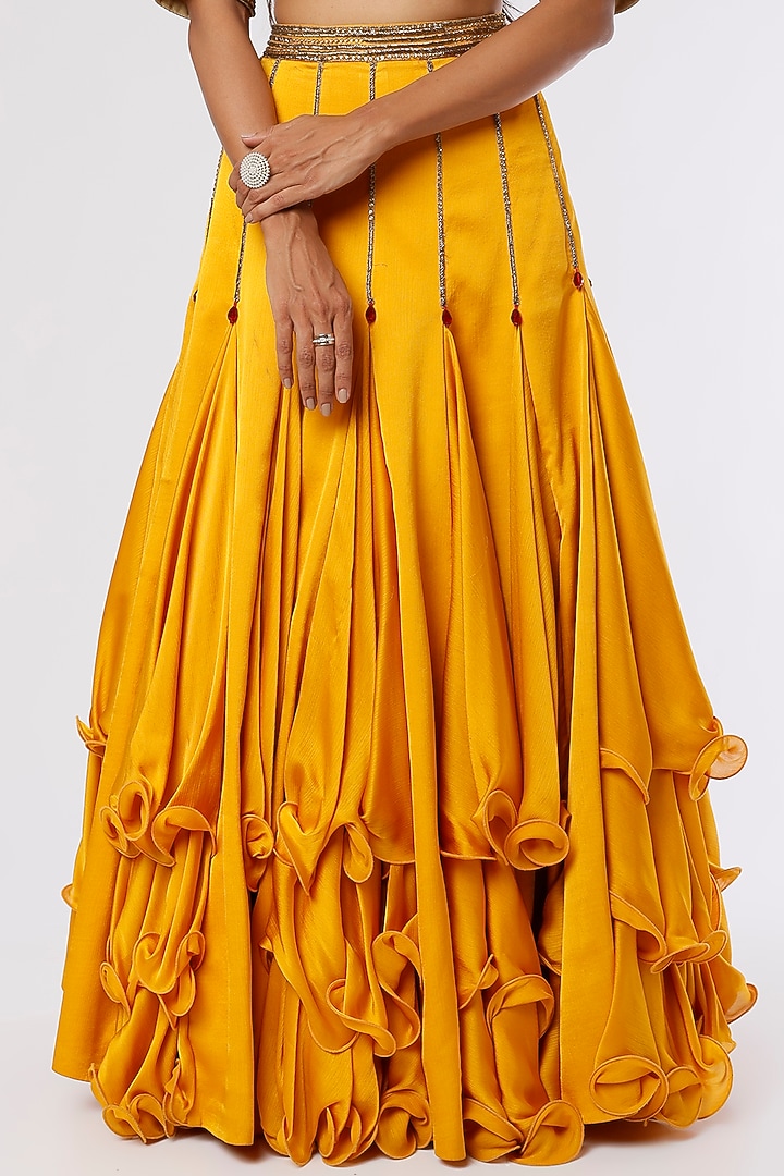 Mustard Yellow Chinon Wedding Lehenga Set by The Story of Kohl at Pernia's Pop Up Shop