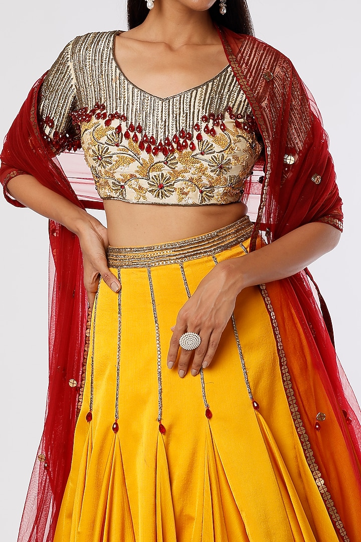Mustard Yellow Chinon Wedding Lehenga Set by The Story of Kohl at Pernia's Pop Up Shop