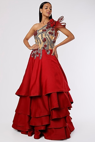 Maroon & Skin Hand Embroidered Gown by The Story of Kohl