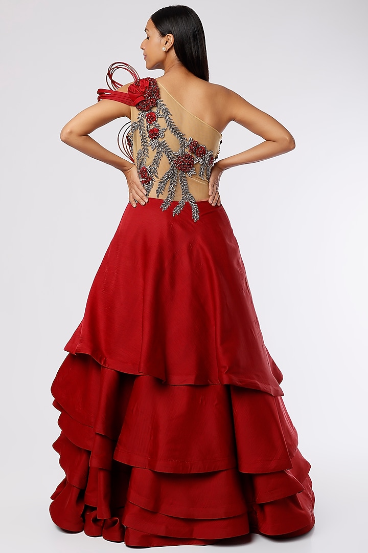 Maroon & Skin Hand Embroidered Engagement Gown by The Story of Kohl at Pernia's Pop Up Shop