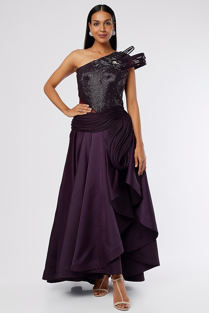 Dark Wine Embroidered Gown by The Story of Kohl