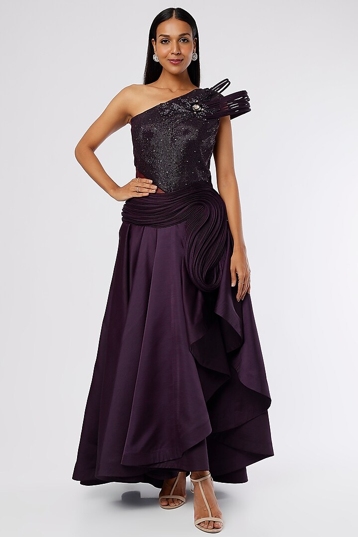 Dark Wine Embroidered Gown by The Story of Kohl