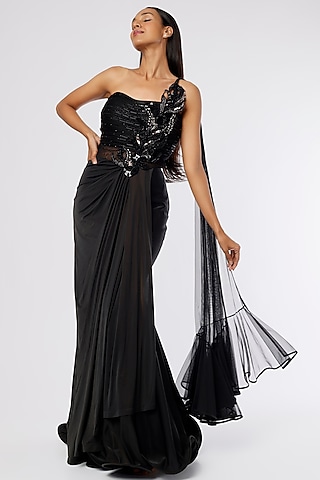 Black Embroidered Pre-Stitched Saree by The Story of Kohl