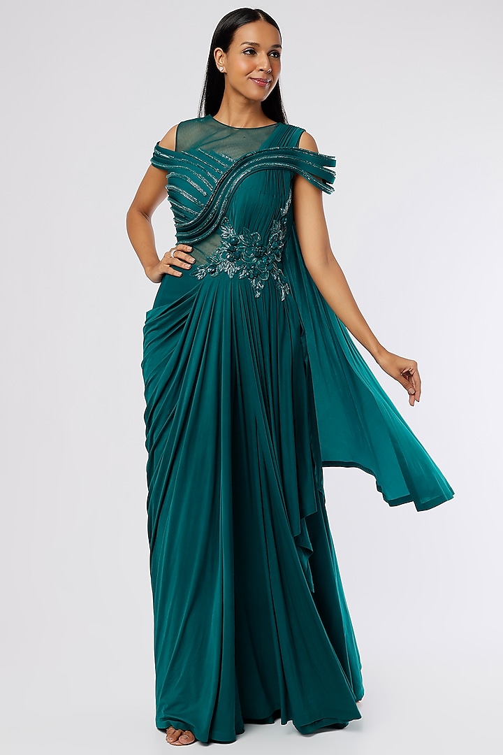 Teal Green Embroidered Pre-Stitched Saree by The Story of Kohl