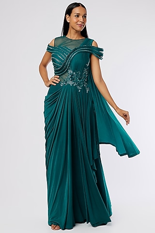 Teal Green Embroidered Pre-Stitched Saree by The Story of Kohl
