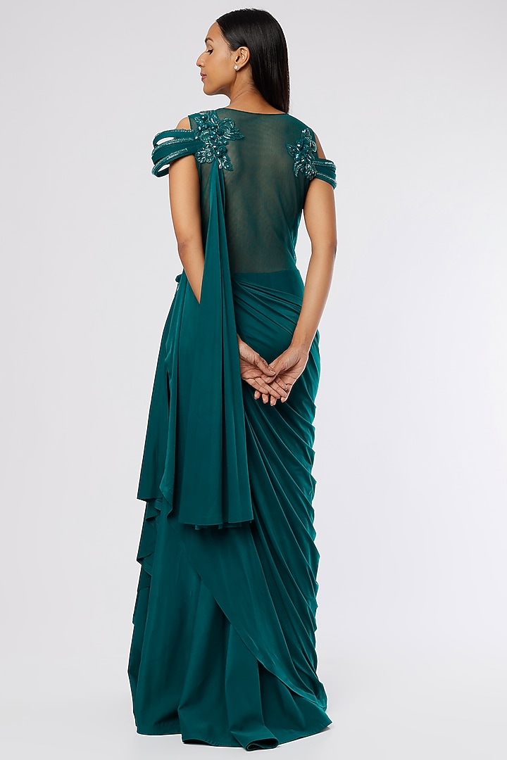 Teal Green Embroidered Pre-Stitched Wedding Saree by The Story of Kohl at Pernia's Pop Up Shop