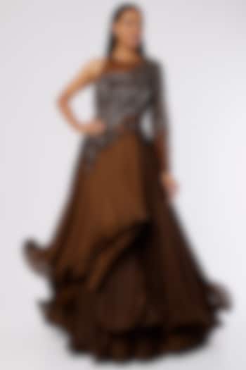 Chocolate Brown Satin Ruffled Gown by The Story of Kohl