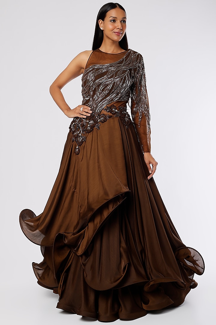 Chocolate Brown Satin Ruffled Gown by The Story of Kohl