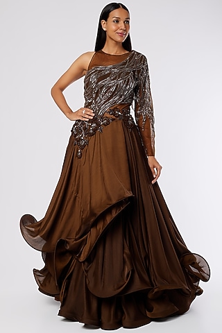 Chocolate Brown Satin Ruffled Gown by The Story of Kohl