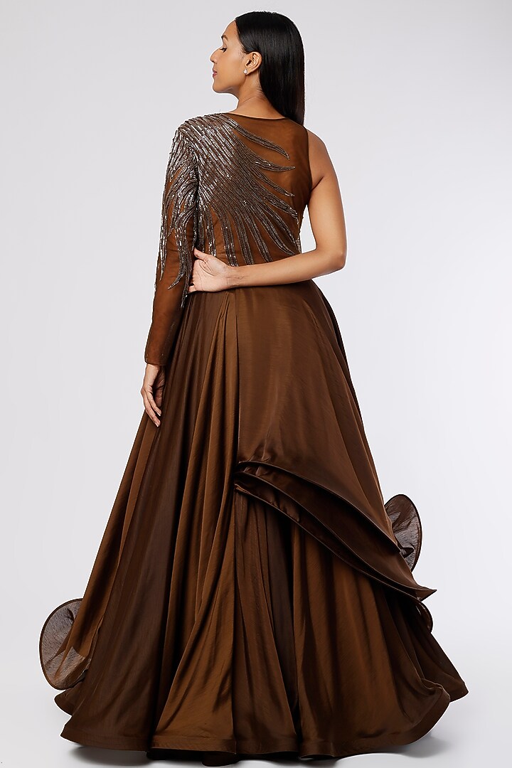 Chocolate Brown Satin Ruffled Engagement Gown by The Story of Kohl at Pernia's Pop Up Shop