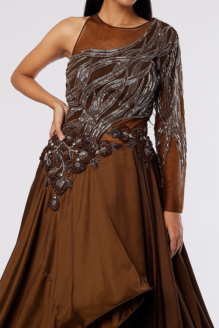 Chocolate Brown Satin Ruffled Engagement Gown by The Story of Kohl at Pernia's Pop Up Shop