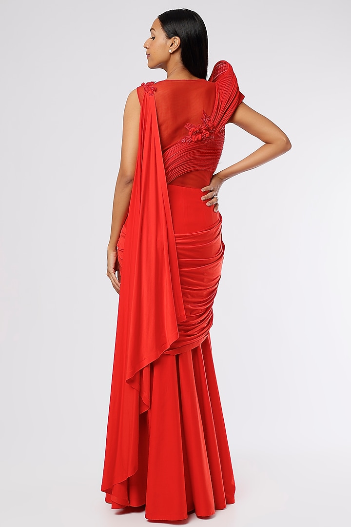 Red Hand Embroidered Wedding Gown Saree by The Story of Kohl at Pernia's Pop Up Shop