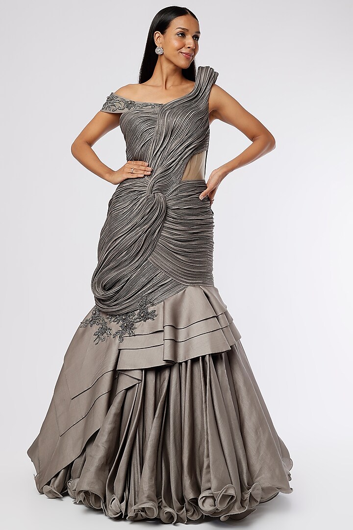 English Grey Embroidered Ruffled Gown by The Story of Kohl