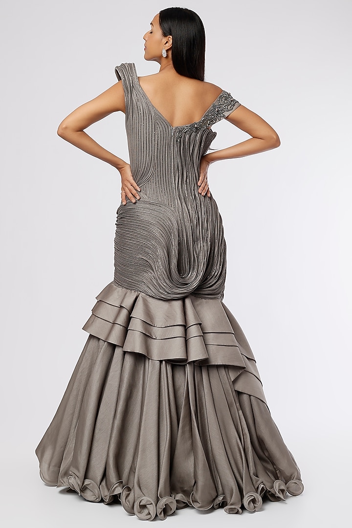 English Grey Embroidered Ruffled Wedding Gown by The Story of Kohl at Pernia's Pop Up Shop