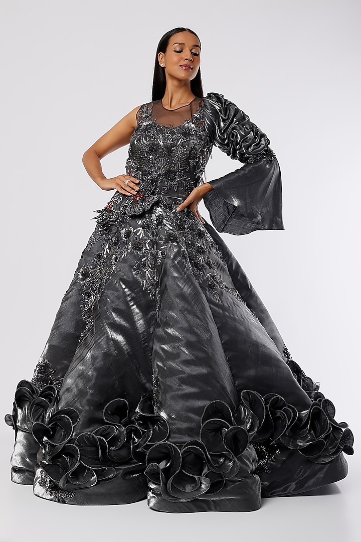 Metallic Grey Satin Ball Gown by The Story of Kohl