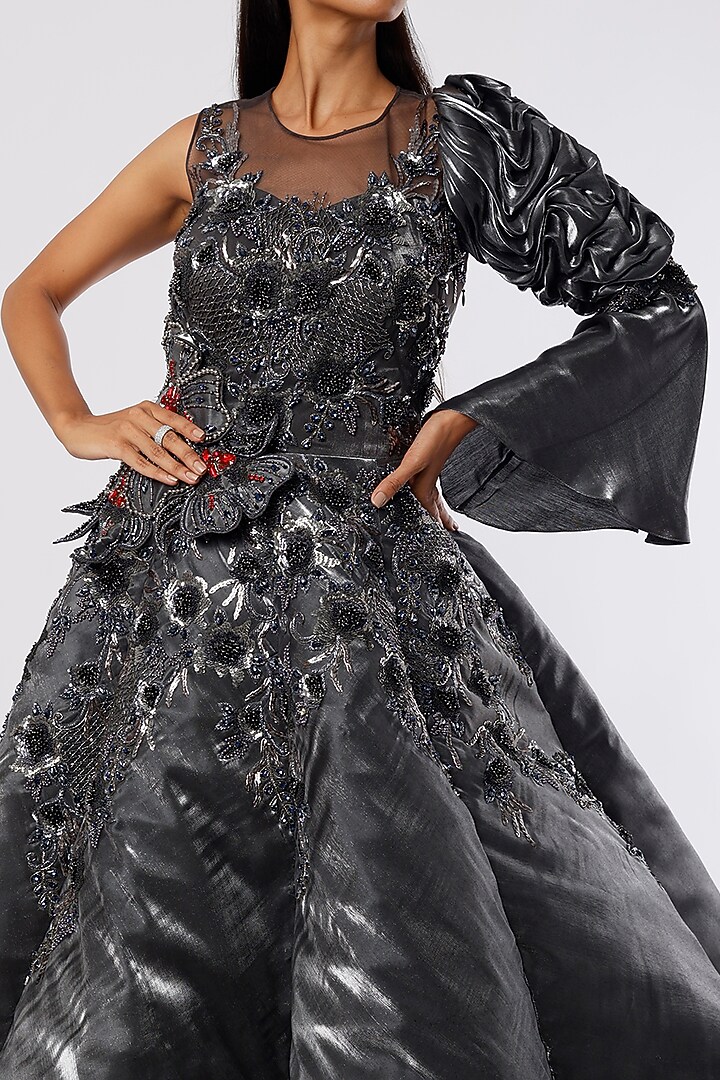 Metallic Grey Satin Ball Wedding Gown by The Story of Kohl at Pernia's Pop Up Shop