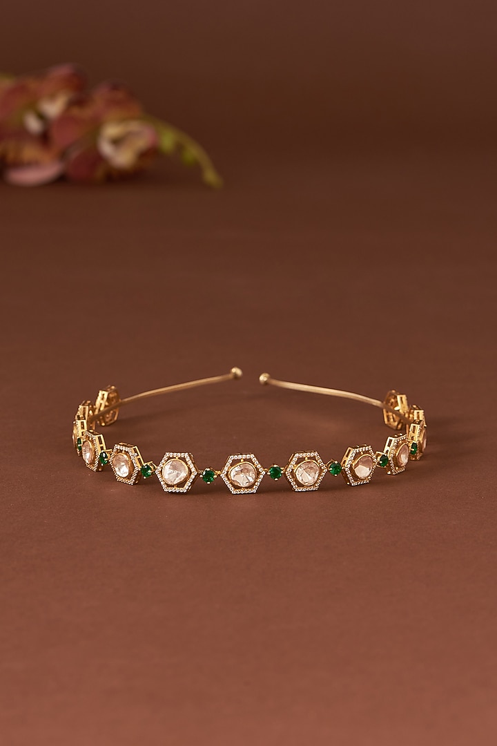 Gold Finish Moissanite Polki & Emerald Synthetic Stone Hairband In Sterling Silver by STELLA CREATIONS at Pernia's Pop Up Shop