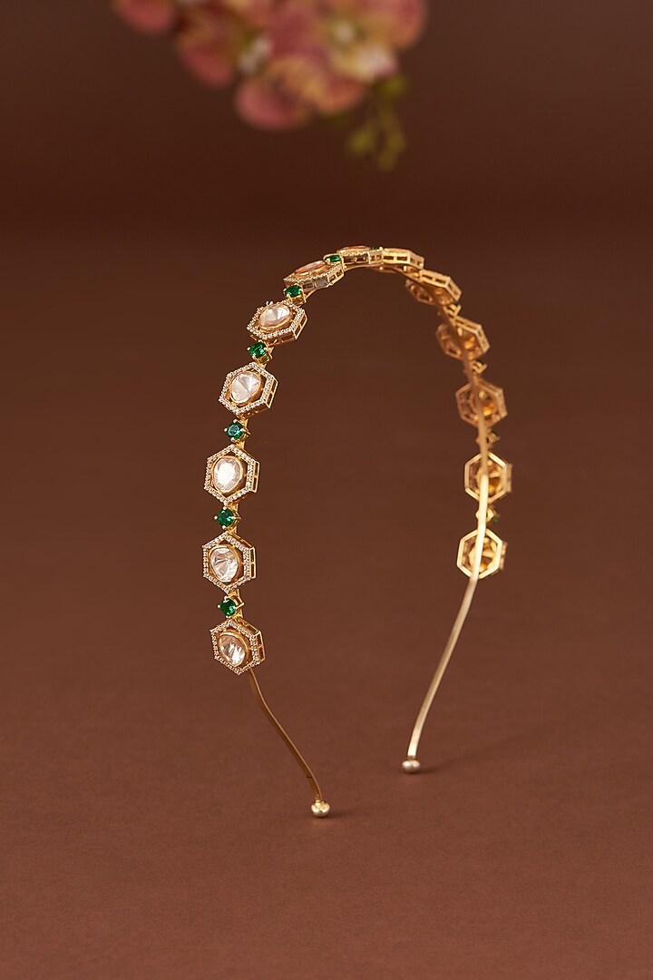 Gold Finish Moissanite Polki & Emerald Synthetic Stone Hairband In Sterling Silver by STELLA CREATIONS at Pernia's Pop Up Shop