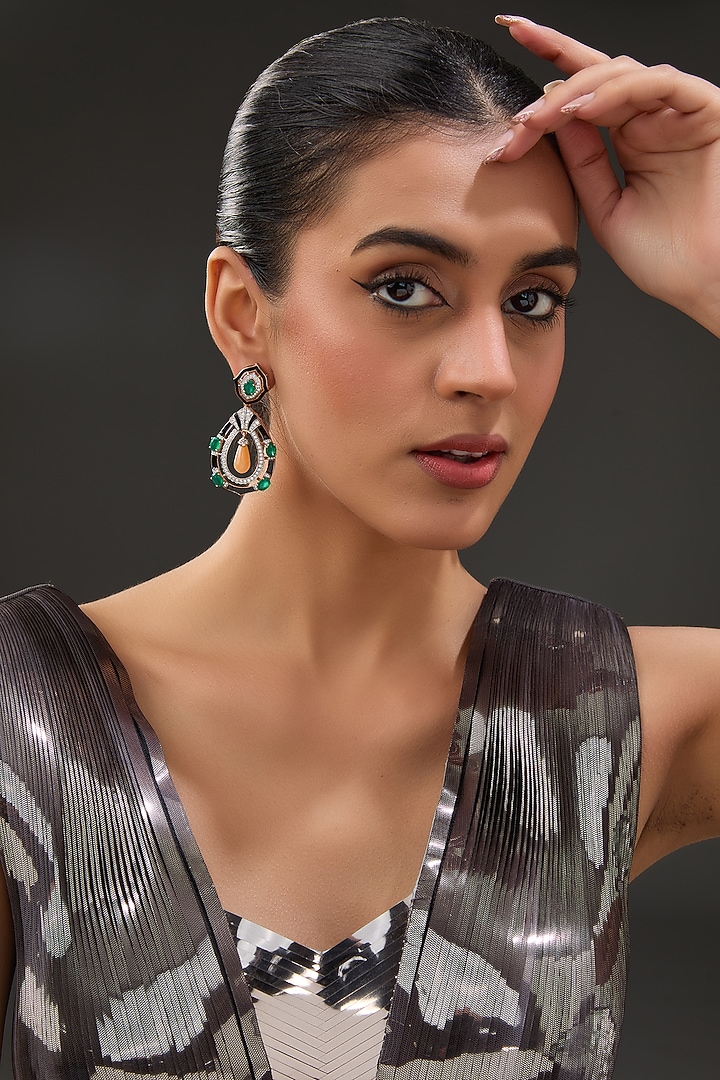 White Finish Zircon & Synthetic Stone Enamelled Dangler Earrings In Sterling Silver by STELLA CREATIONS at Pernia's Pop Up Shop