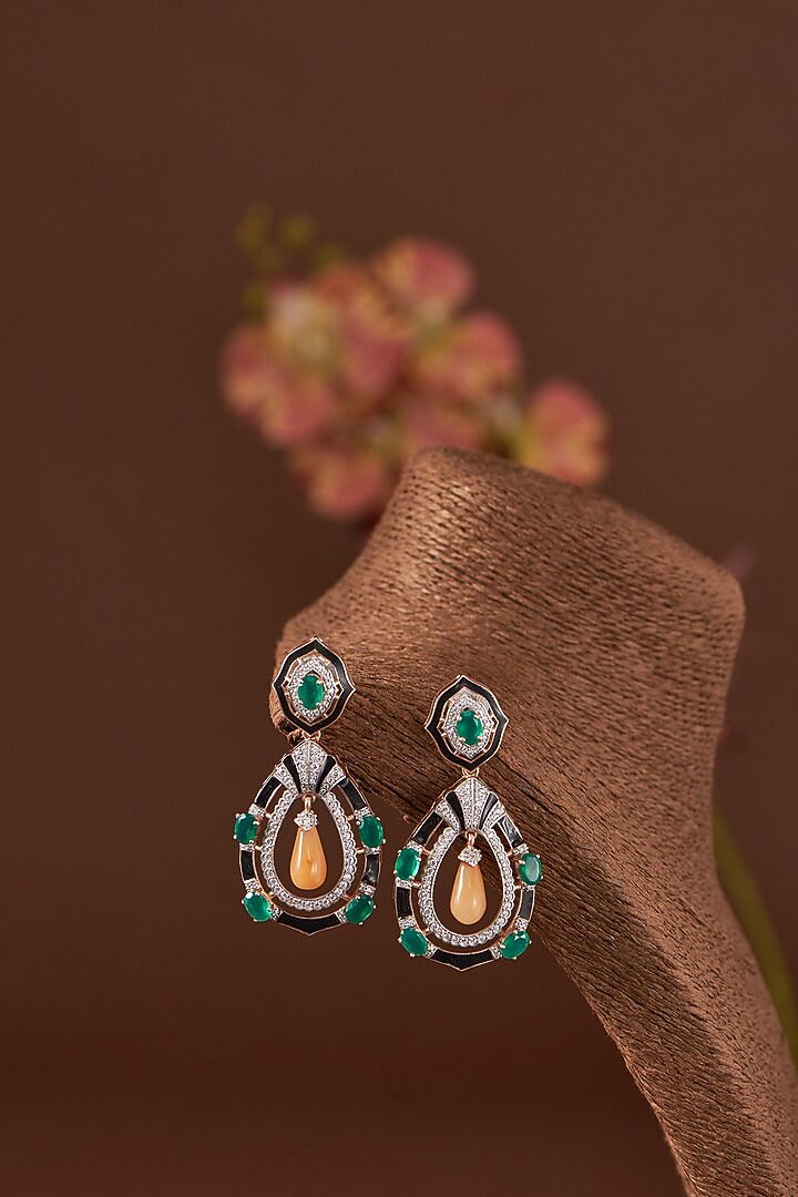 White Finish Zircon & Synthetic Stone Enamelled Dangler Earrings In Sterling Silver by STELLA CREATIONS at Pernia's Pop Up Shop