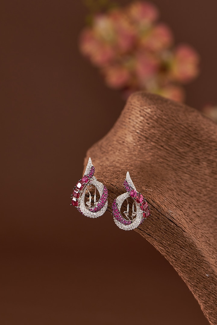 White Finish Zircon & Synthetic Ruby Stone Stud Earrings In Sterling Silver by STELLA CREATIONS at Pernia's Pop Up Shop