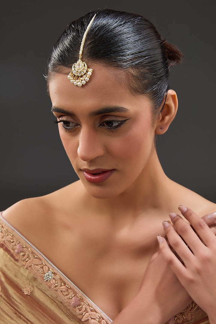 Gold Finish Moissanite Polki & Freshwater Pearl Maangtikka In Sterling Silver by STELLA CREATIONS at Pernia's Pop Up Shop