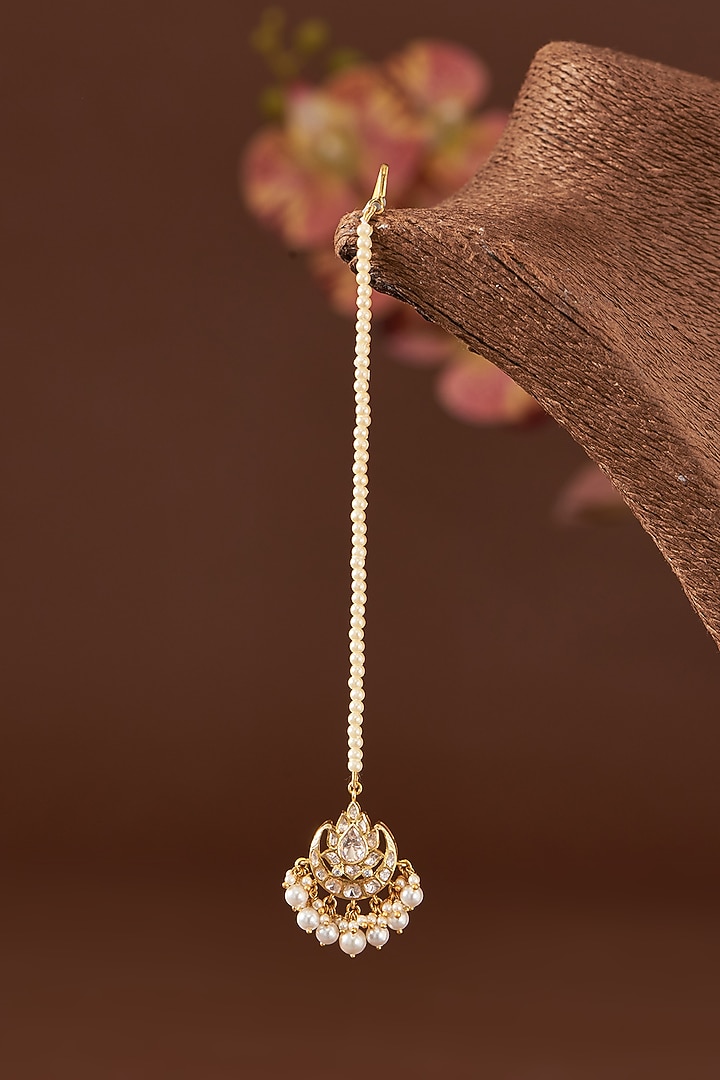Gold Finish Moissanite Polki & Freshwater Pearl Maangtikka In Sterling Silver by STELLA CREATIONS at Pernia's Pop Up Shop