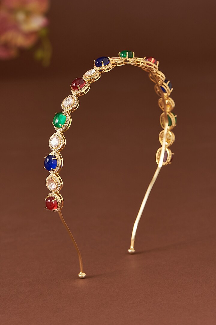 Gold Finish Moissanite Polki & Synthetic Stone Hairband In Sterling Silver by STELLA CREATIONS at Pernia's Pop Up Shop