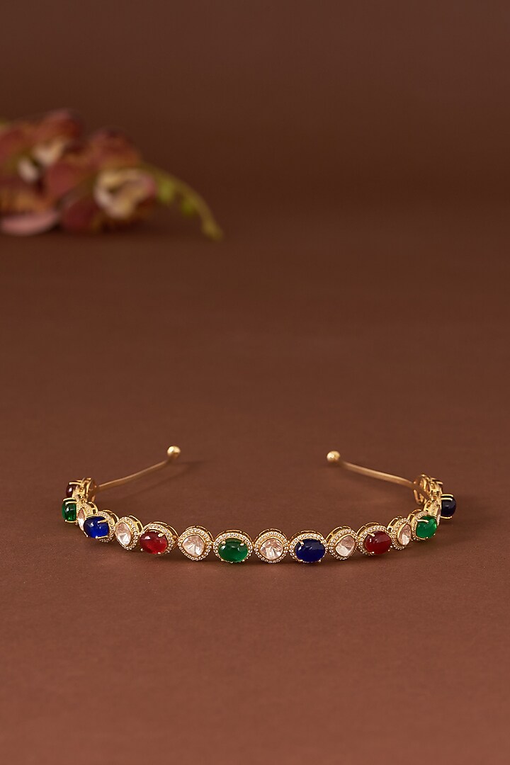 Gold Finish Moissanite Polki & Synthetic Stone Hairband In Sterling Silver by STELLA CREATIONS at Pernia's Pop Up Shop