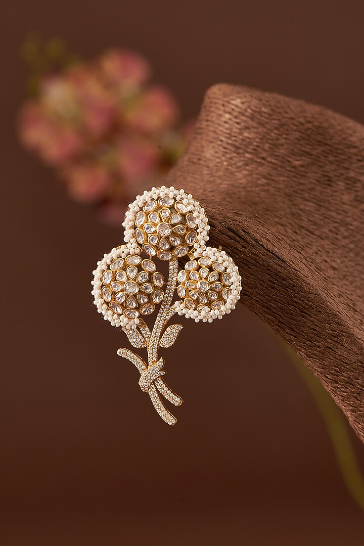 Gold Finish Moissanite Polki Brooch In Sterling Silver by STELLA CREATIONS at Pernia's Pop Up Shop