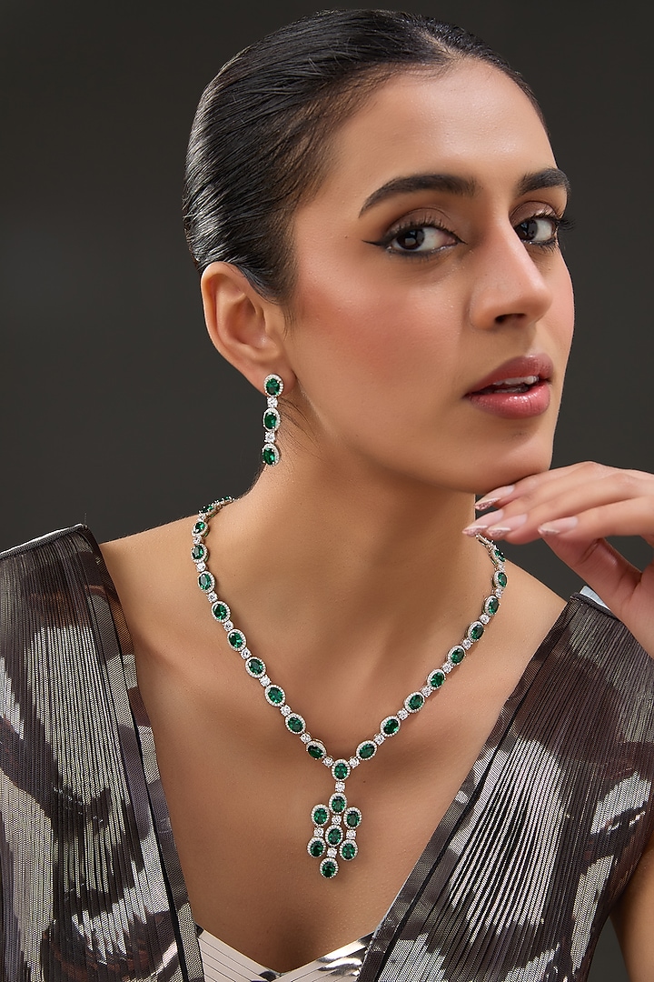 White Finish Zircon & Synthetic Emerald Stone Necklace Set In Sterling Silver by STELLA CREATIONS at Pernia's Pop Up Shop