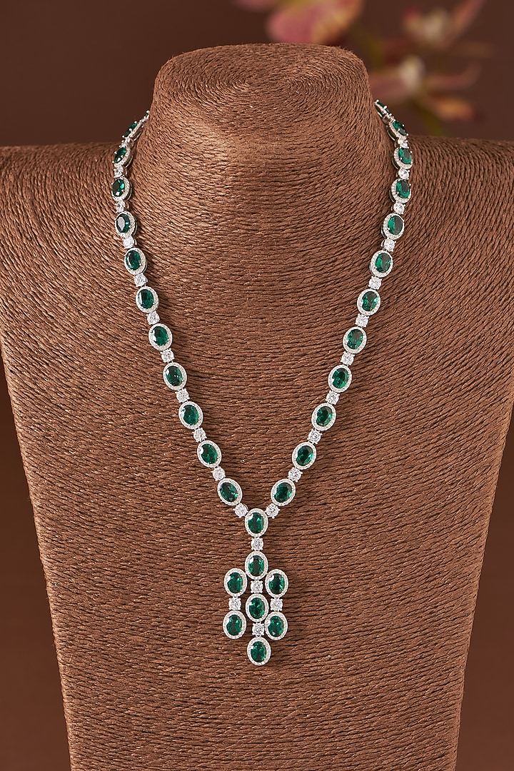 White Finish Zircon & Synthetic Emerald Stone Necklace Set In Sterling Silver by STELLA CREATIONS at Pernia's Pop Up Shop