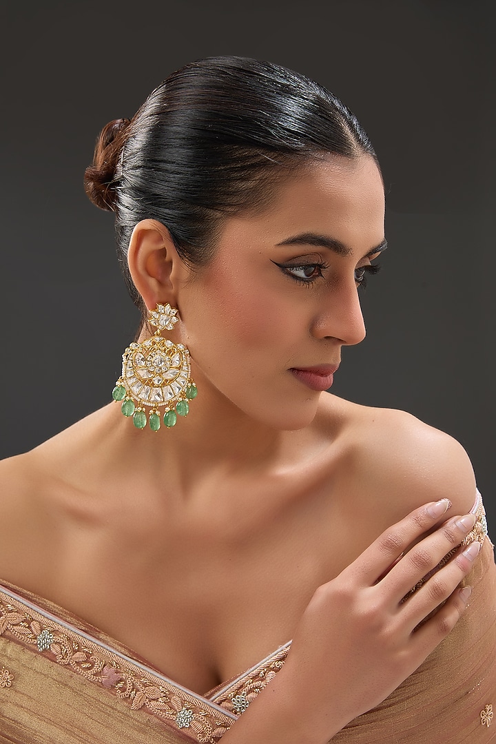 Gold Finish Moissanite Polki & Green Jade Chandbaali Earrings In Sterling Silver by STELLA CREATIONS at Pernia's Pop Up Shop