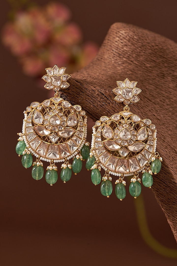 Gold Finish Moissanite Polki & Green Jade Chandbaali Earrings In Sterling Silver by STELLA CREATIONS at Pernia's Pop Up Shop