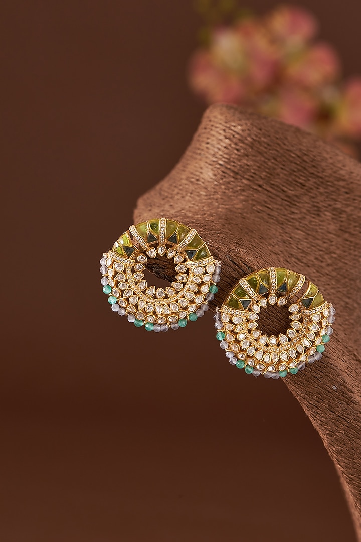 White Finish Moissanite Polki & CZ Enamelled Stud Earrings In Sterling Silver by STELLA CREATIONS at Pernia's Pop Up Shop