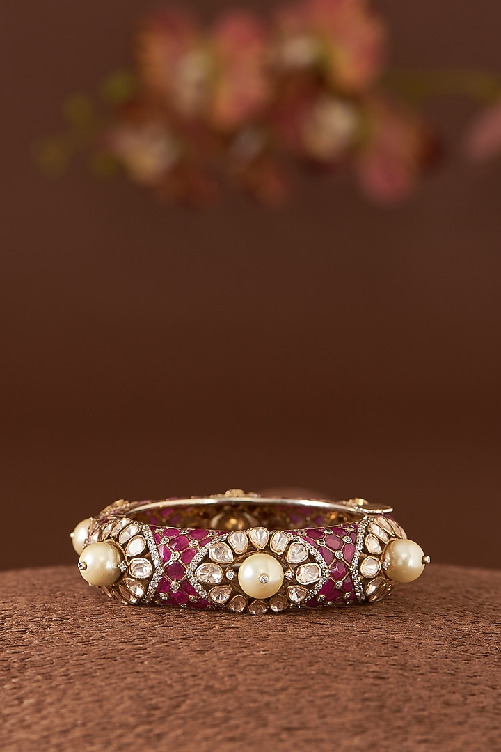 Gold Finish Moissanite Polki & Synthetic Ruby Stone Bangle In Sterling Silver by STELLA CREATIONS at Pernia's Pop Up Shop